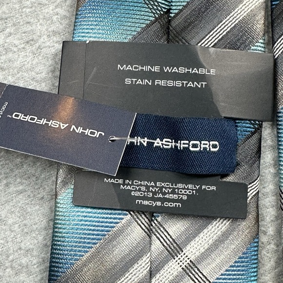 John Ashford Mens Tie Teal Gray Plaid Washable Polyester Stain Resistant - Picture 4 of 10